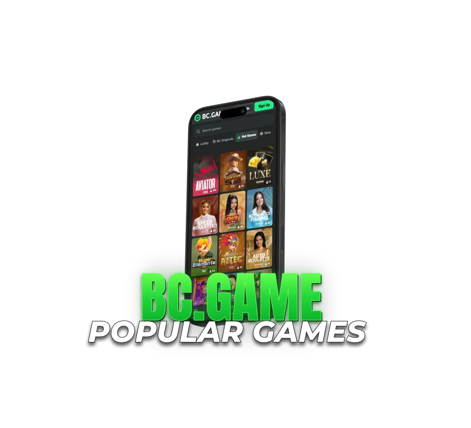 Popular BC.GAME casino games on mobile including Aviator and other online games.